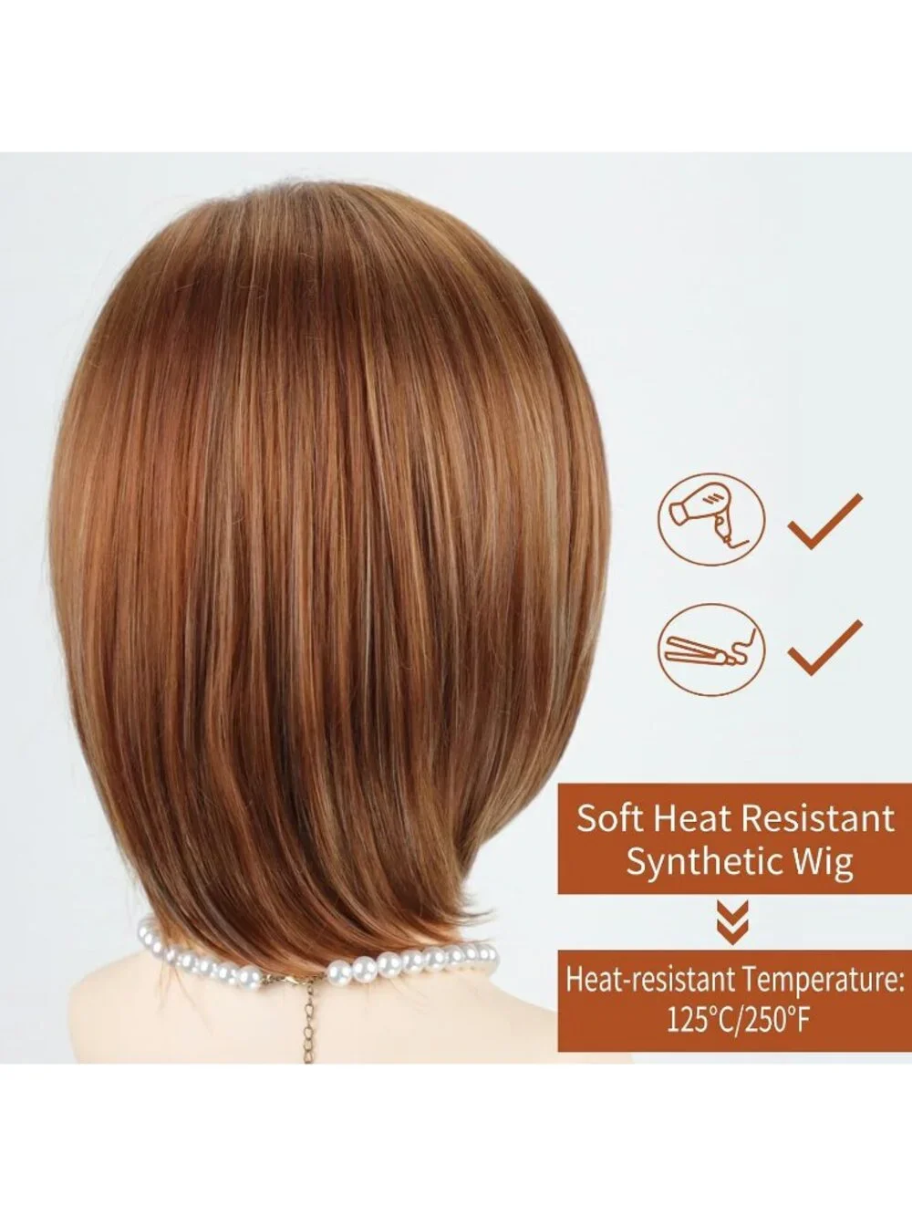Women's Auburn Orange 12 Inch Mid Length Heat Synthetic Straight Layered Bob Wig